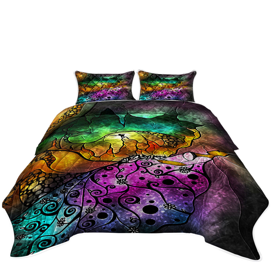 Colorful Stained Glass Fairy Tale Sleeping Beauty Bedspreads and Quilts