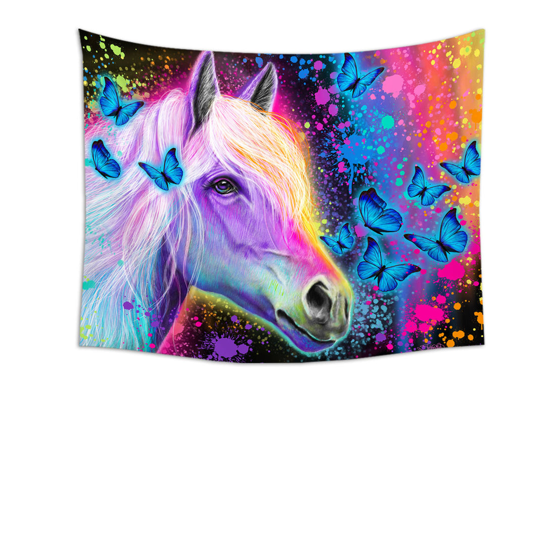 Colorful Tapestry Wall Decor Neon Rainbow Horse and Butterflies