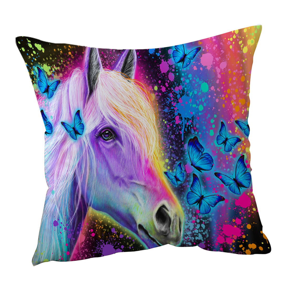 Colorful Throw Pillows Neon Rainbow Horse and Butterflies