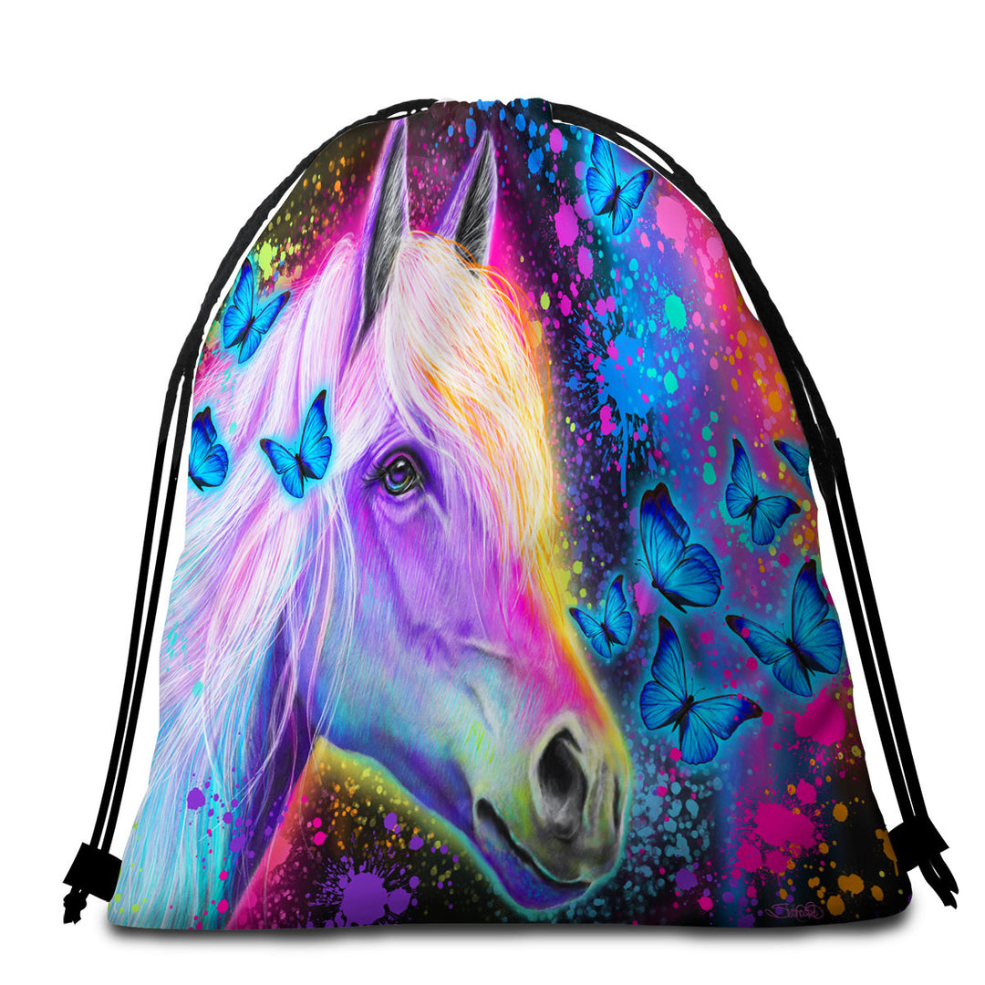 Colorful Travel Beach Towel Neon Rainbow Horse and Butterflies_229d137d c382 4d38 b54e 52b1c770e04b