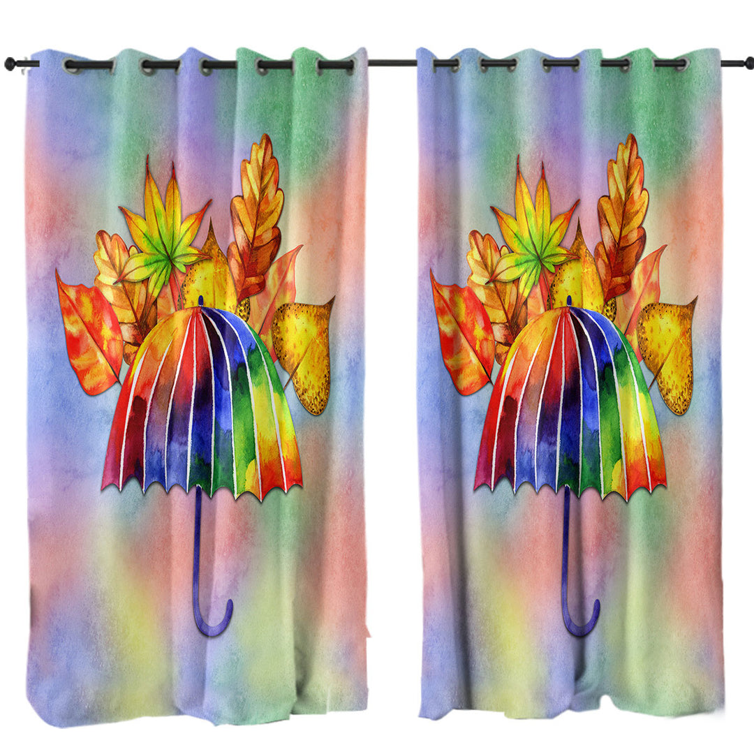 Colorful Umbrella and Autumn Leaves Custom Drapes