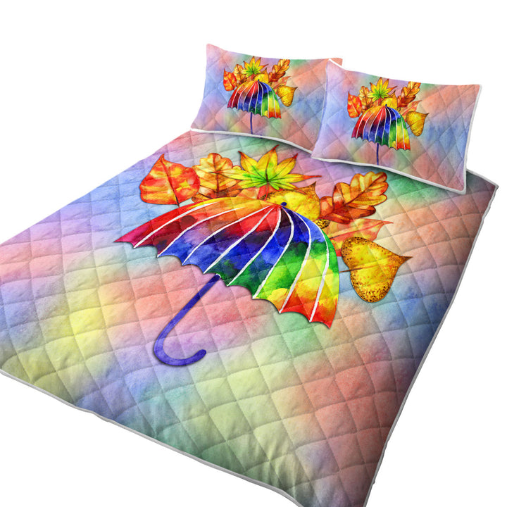 Colorful Umbrella and Autumn Leaves Quilt