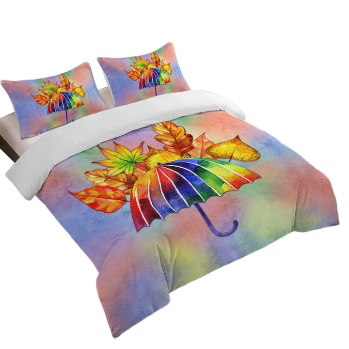 Colorful Umbrella and Autumn Leaves Twin Duvet Covers