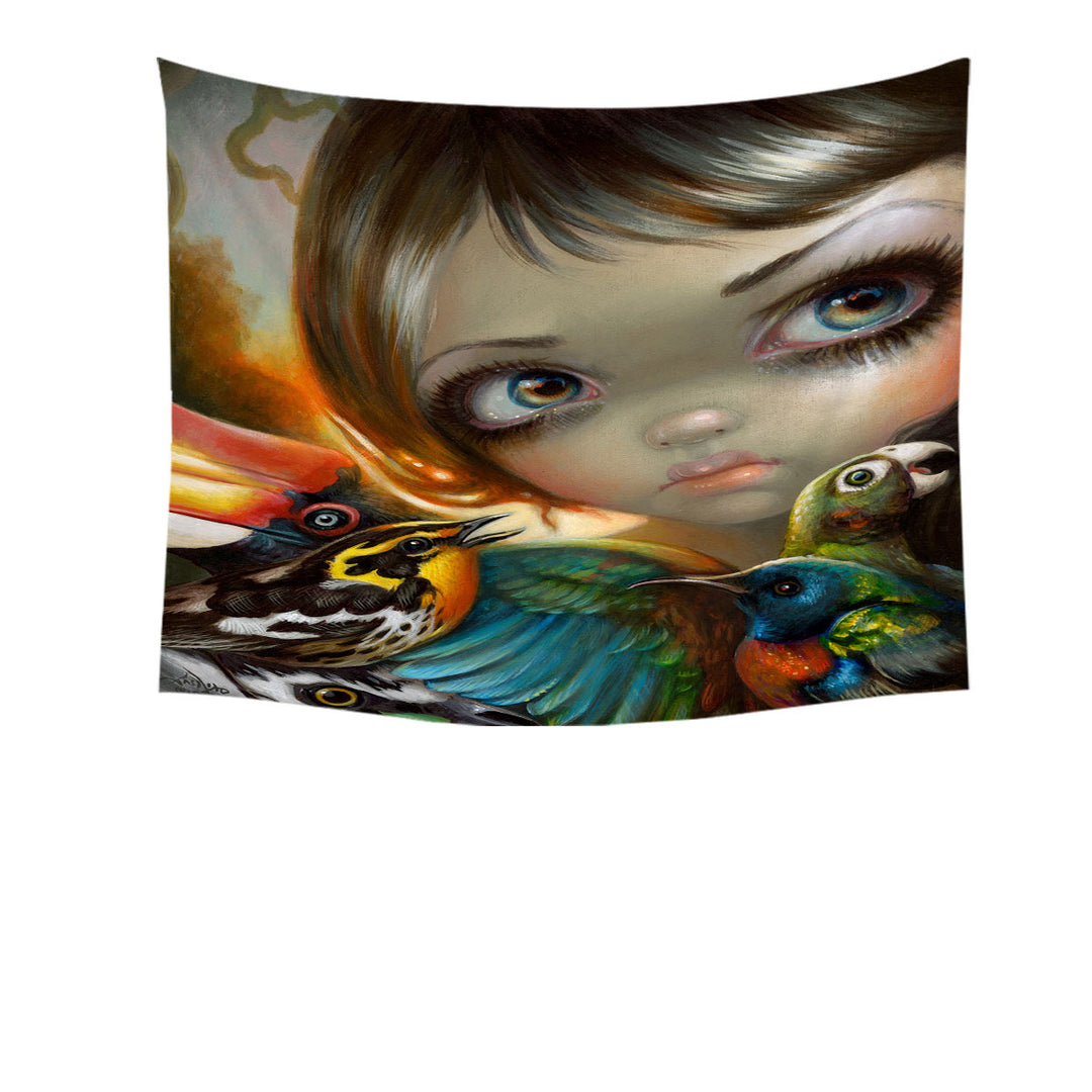 Colorful Wall Decor Art Birdsong Beautiful Maiden and Birds Tapestry
