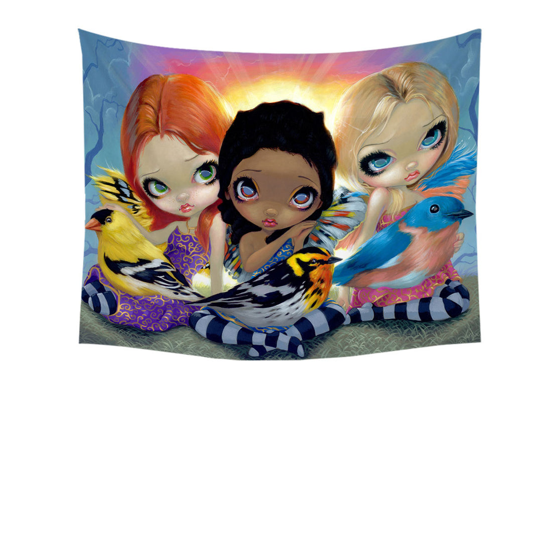 Colorful Wall Decor Painting Three Little Birds and Fairies Tapestry