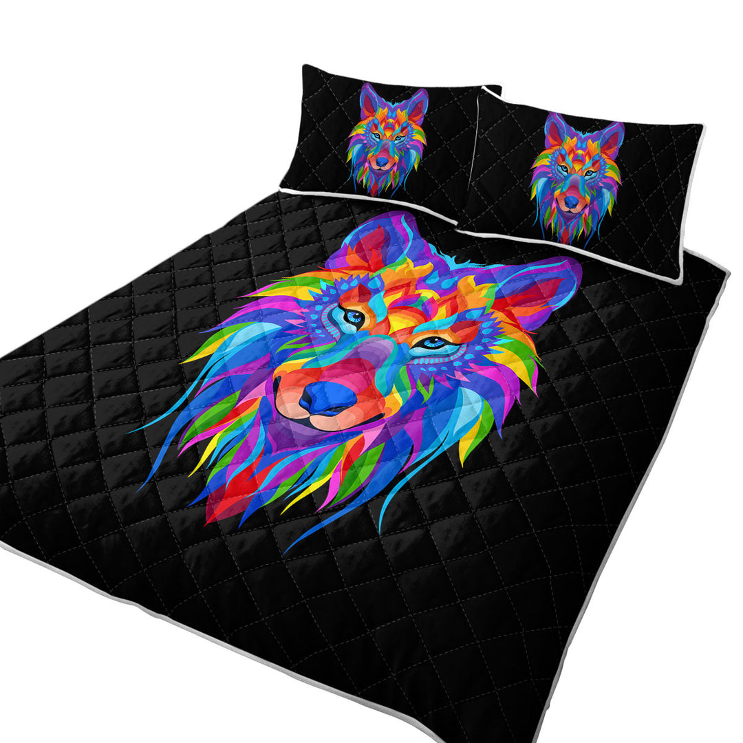 Colorful Wolf Face Twin Quilt