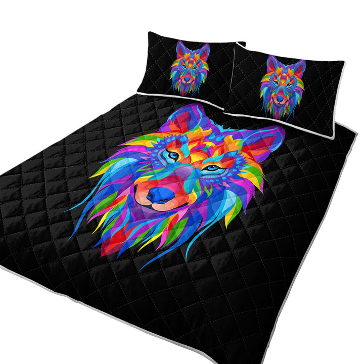 Colorful Wolf Face Twin Quilt