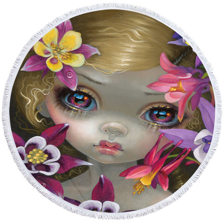 Columbine Flowers Round Towel Poisonous Beauties Columbine Girl with Flowers