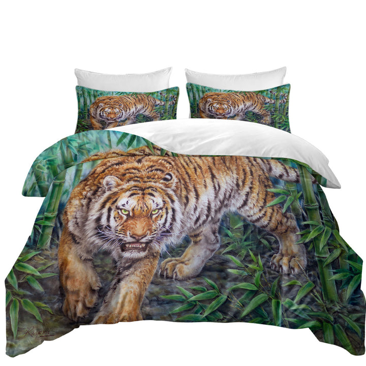 Comforter Cover with Cool Animal Art Dangerous Tiger in Bamboo Forest