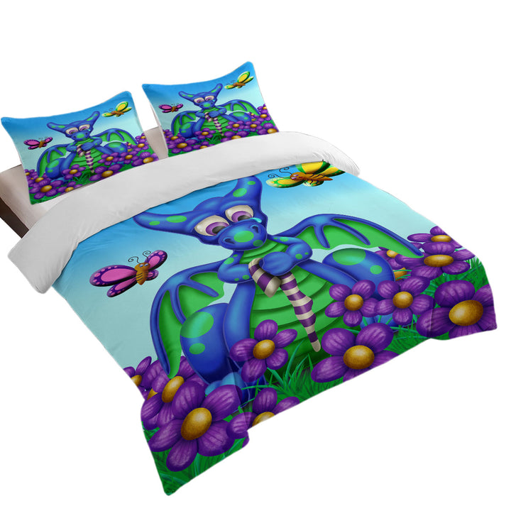 Comforter Cover with Cute Blue Dragon with Purple Flowers Kids