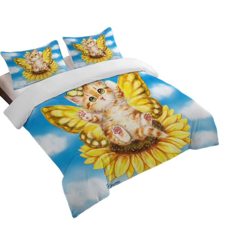 Comforter Cover with Fun Cats Cute Yellow Sunflower Fairy Kitten