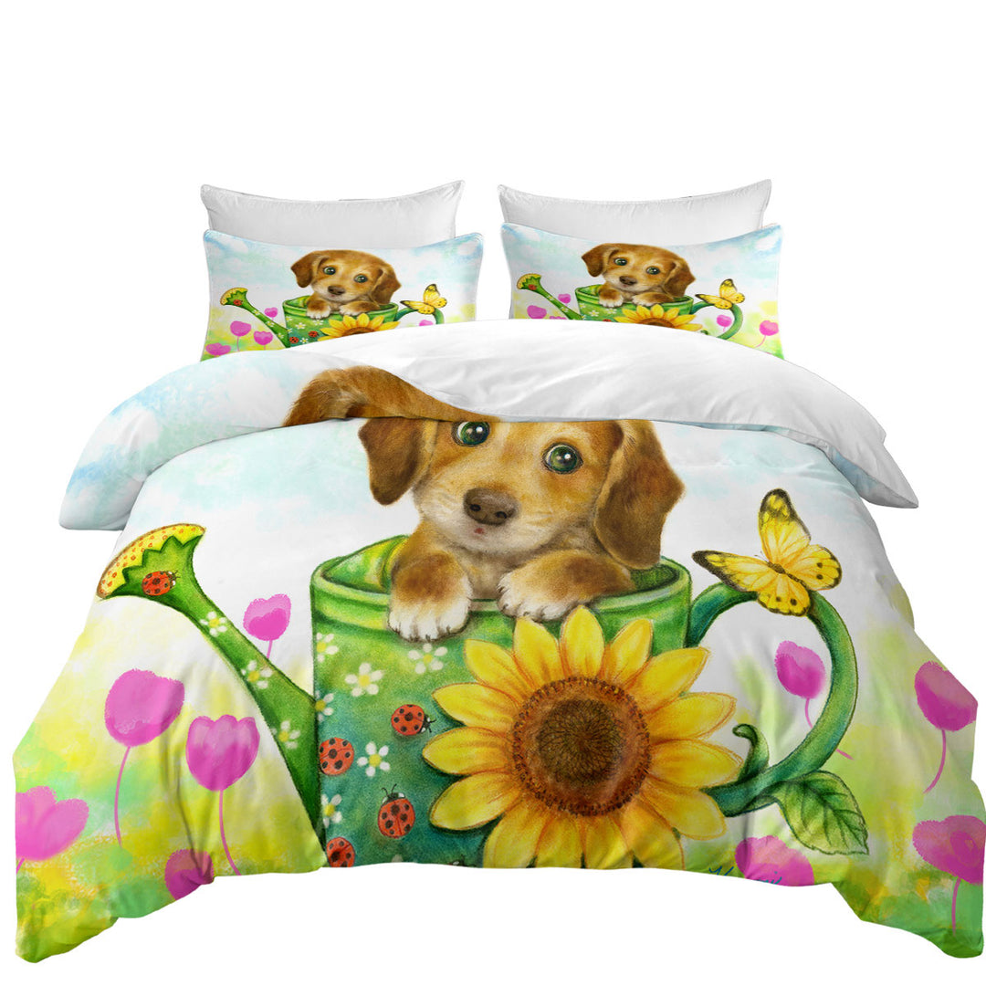 Comforter Cover with Kids Animal Dogs Art Cute Dachshund in Garden