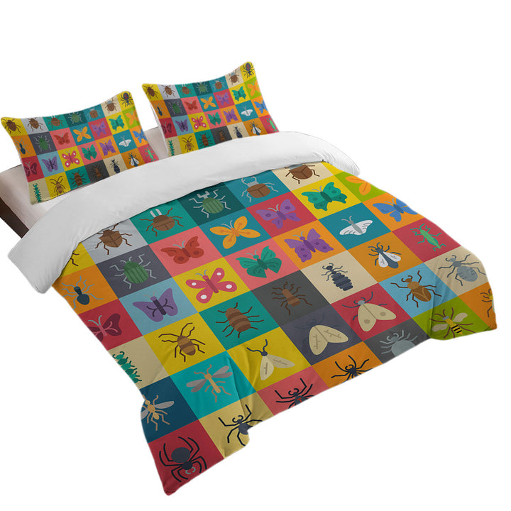 Comforter Cover with Multi Colored Checkered Bugs and Insects