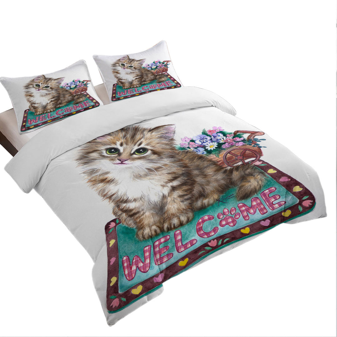 Comforter Cover with Welcome Flowers and Adorable Kitty Cat
