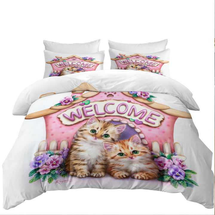 Comforter Cover with Welcome Tabby Ginger Kittens and Violet Flowers