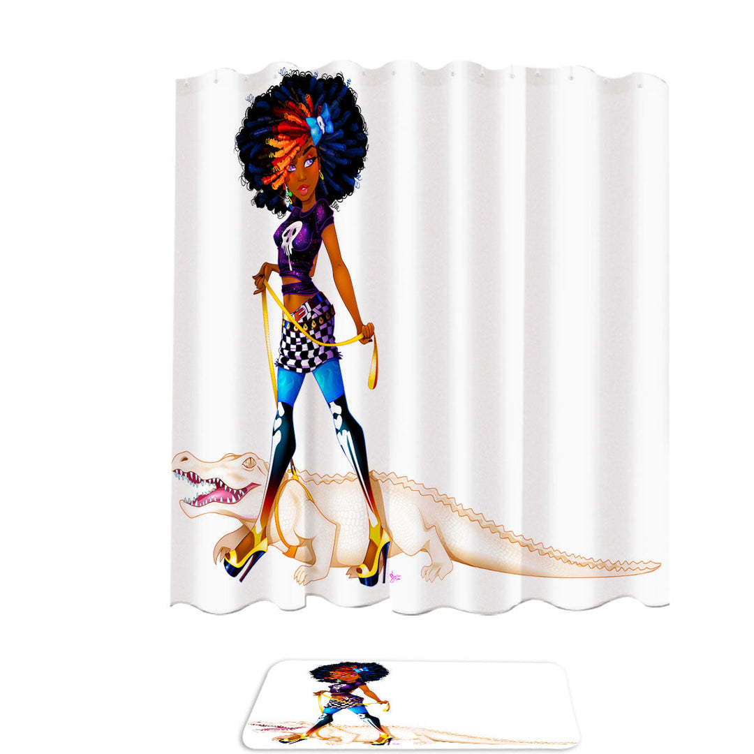 Cool Afro Black Girl Shower Curtain the Man Eater Alligator