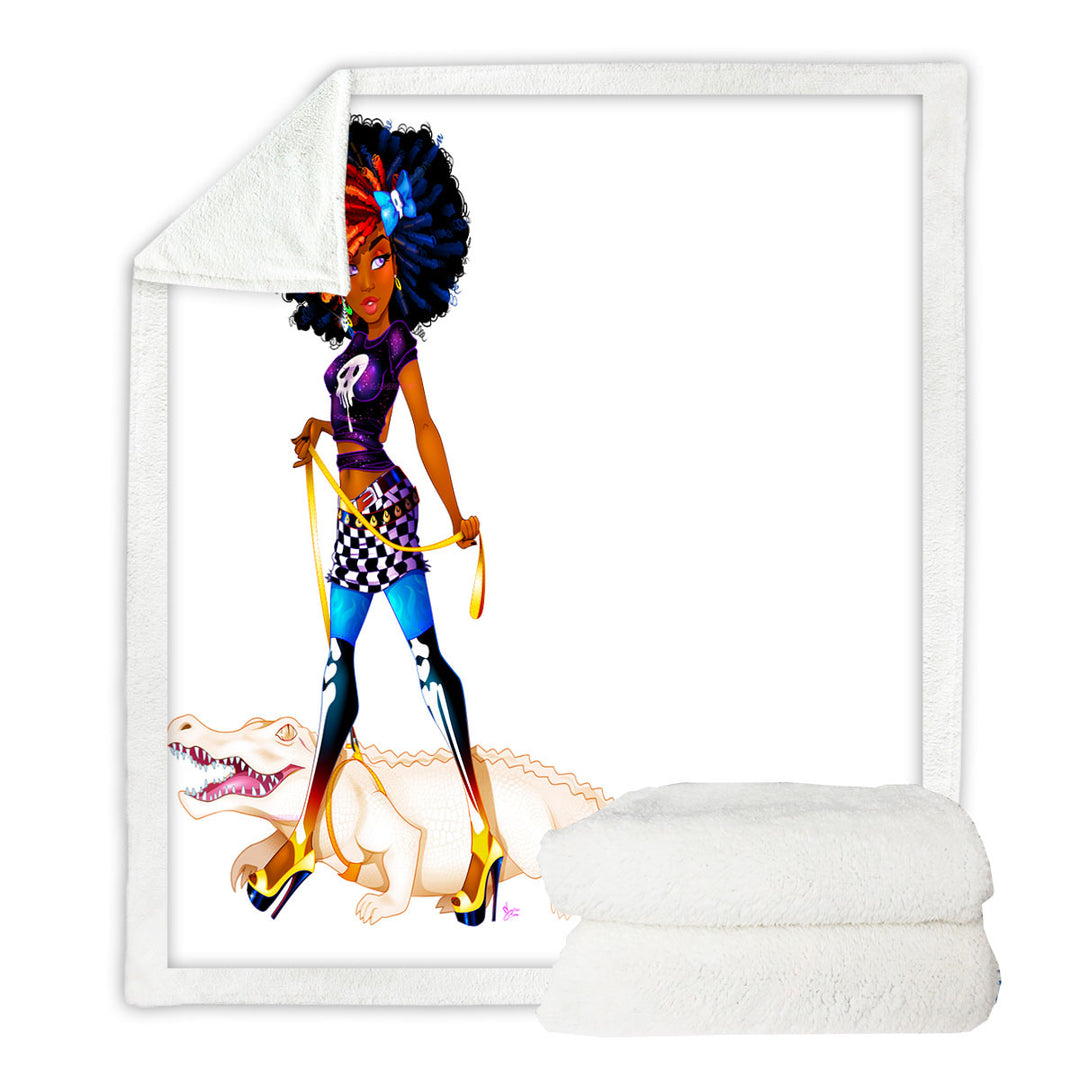 Cool Afro Black Girl Throw Blanket the Man Eater Alligator