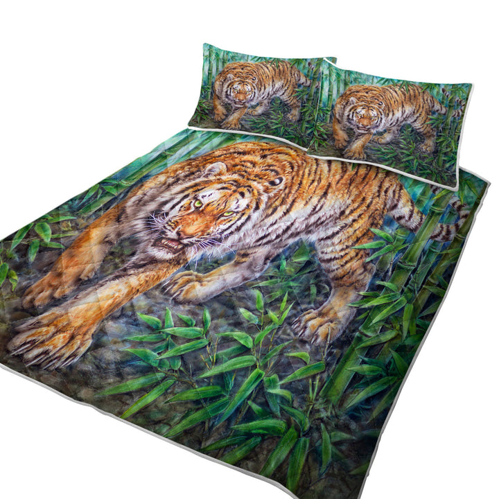 Cool Animal Art Dangerous Tiger in Bamboo Forest Coverlet