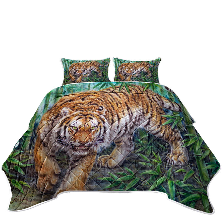 Cool Animal Art Dangerous Tiger in Bamboo Forest King Size Quilt
