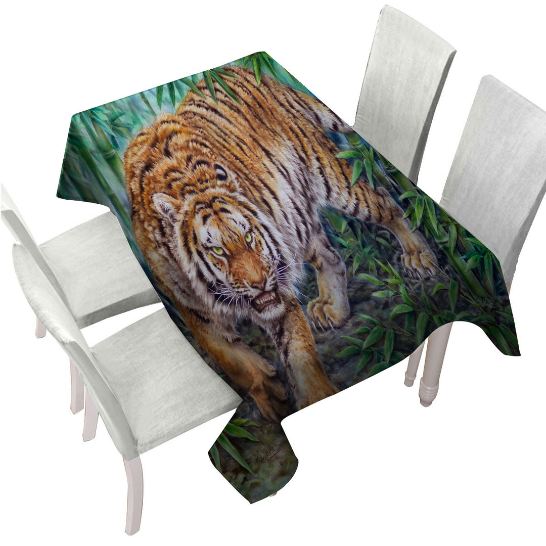 Cool Animal Art Dangerous Tiger in Bamboo Forest Tablecloth