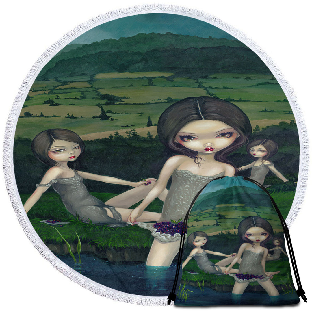 Cool Art Round Beach Towel Countryside Girls Nymphs Collecting Berries