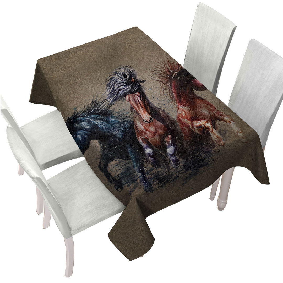 Cool Art Storming Horses Painted on Concrete Tablecloth