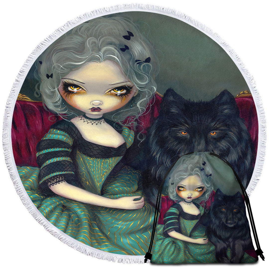 Cool Beach Towels Loup Garou Beautiful Gothic Lady and Black Wolf