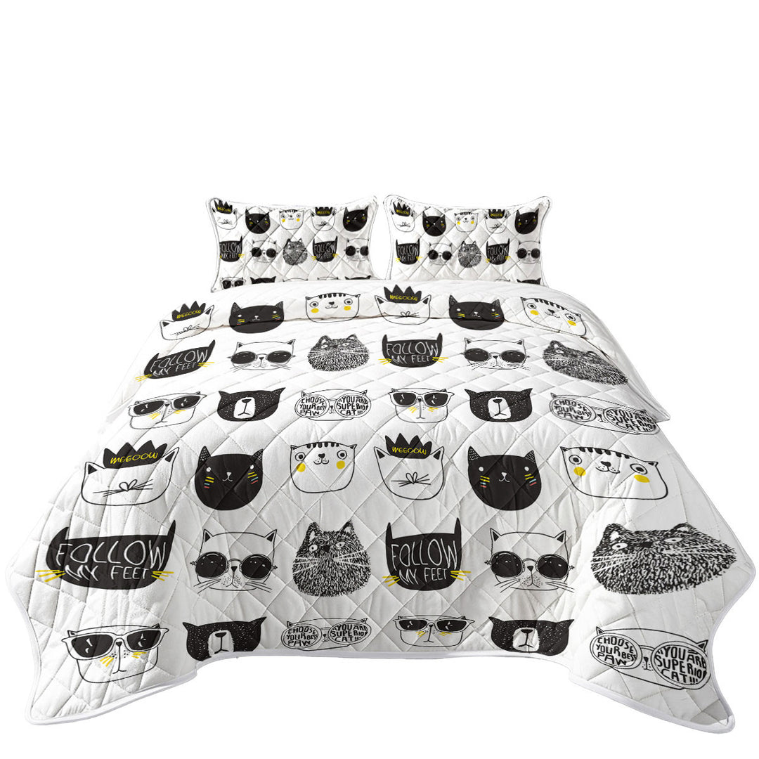 Cool Black and White Cat Faces California King Quilt Sets