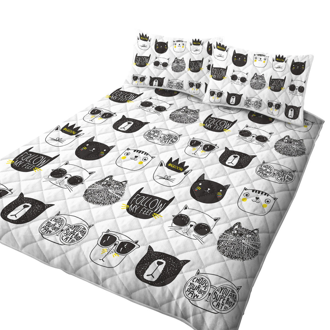 Cool Black and White Cat Faces King Size Quilt Sets