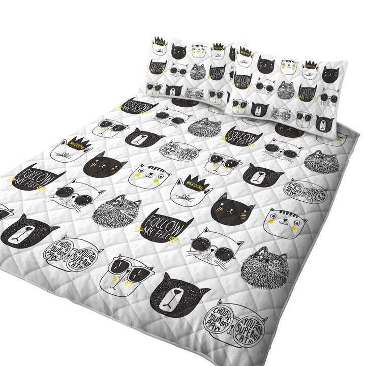 Cool Black and White Cat Faces King Size Quilt Sets