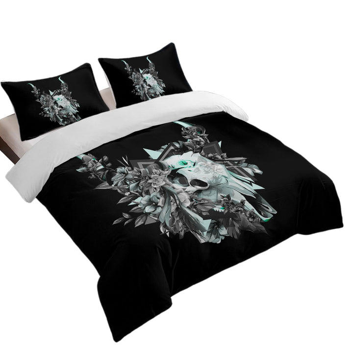 Cool Black and White Floral Turquoise Bull Skull Duvet Cover