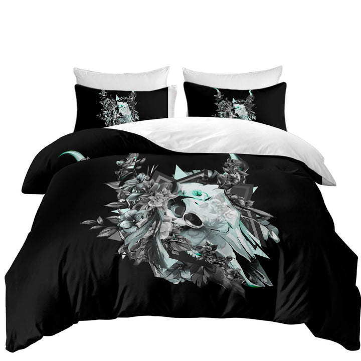 Cool Black and White Floral Turquoise Bull Skull Duvet Covers