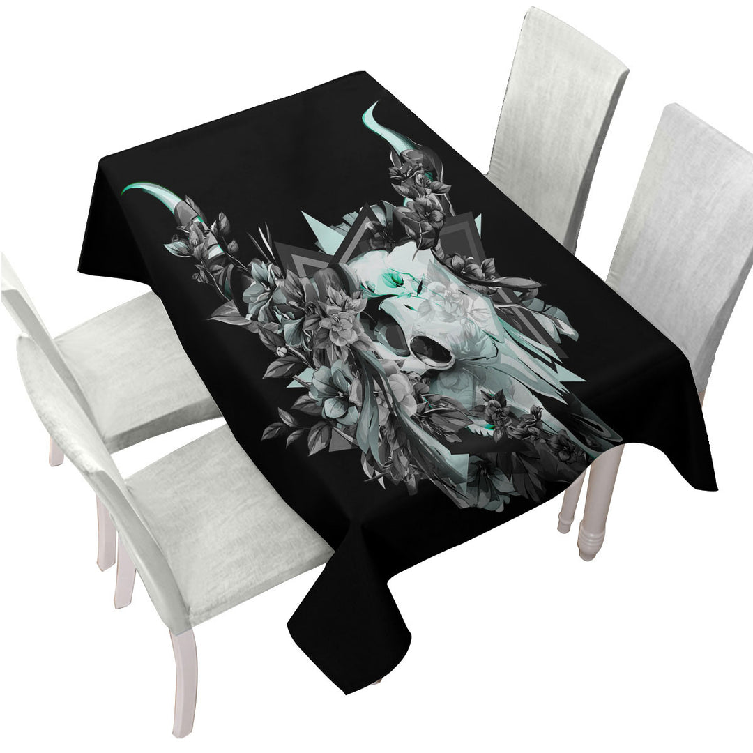Cool Black and White Floral Turquoise Bull Skull Tablecloths