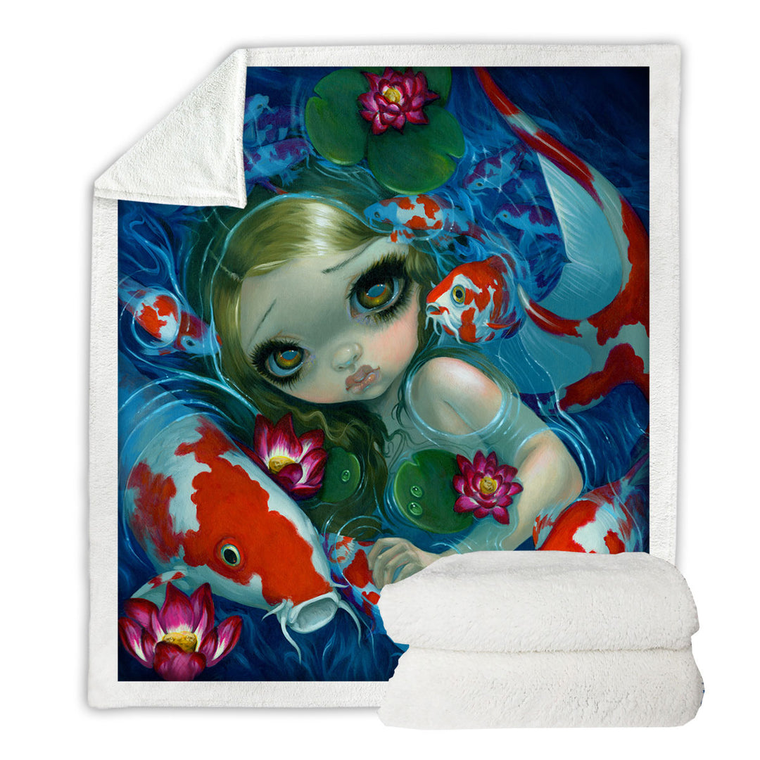 Cool Blankets Fantasy Art Swimming with Koi Mermaid