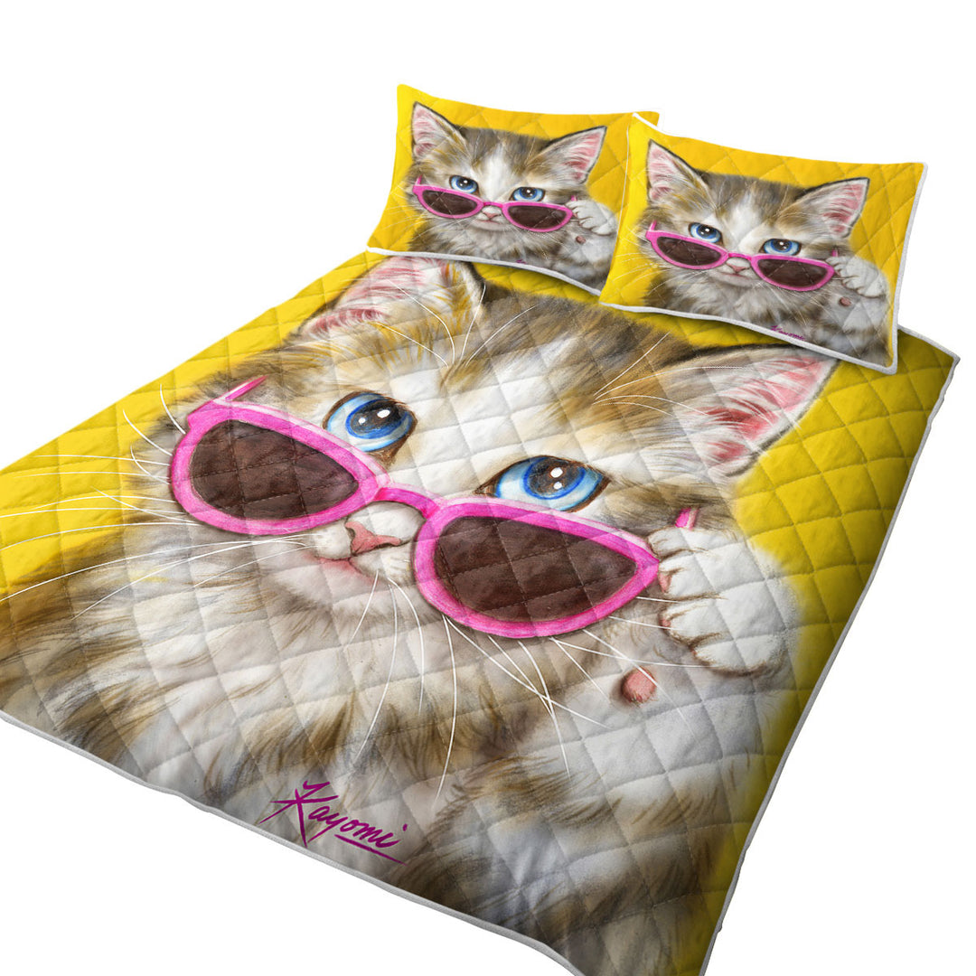 Cool Cat Art Girly Kitten Wearing Pink Sunglass California King Quilt Sets