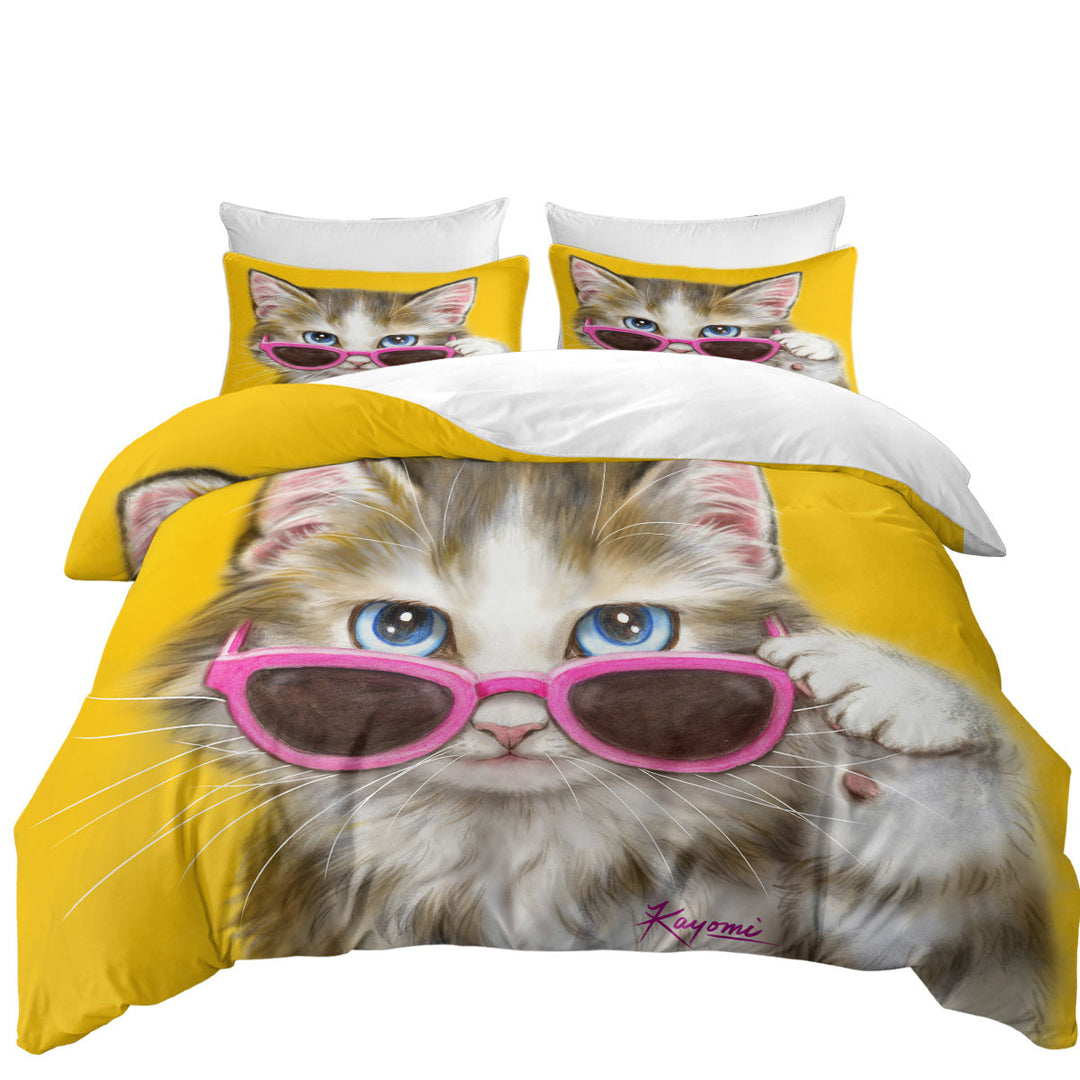 Cool Cat Art Girly Kitten Wearing Pink Sunglass Duvet Cover Queen