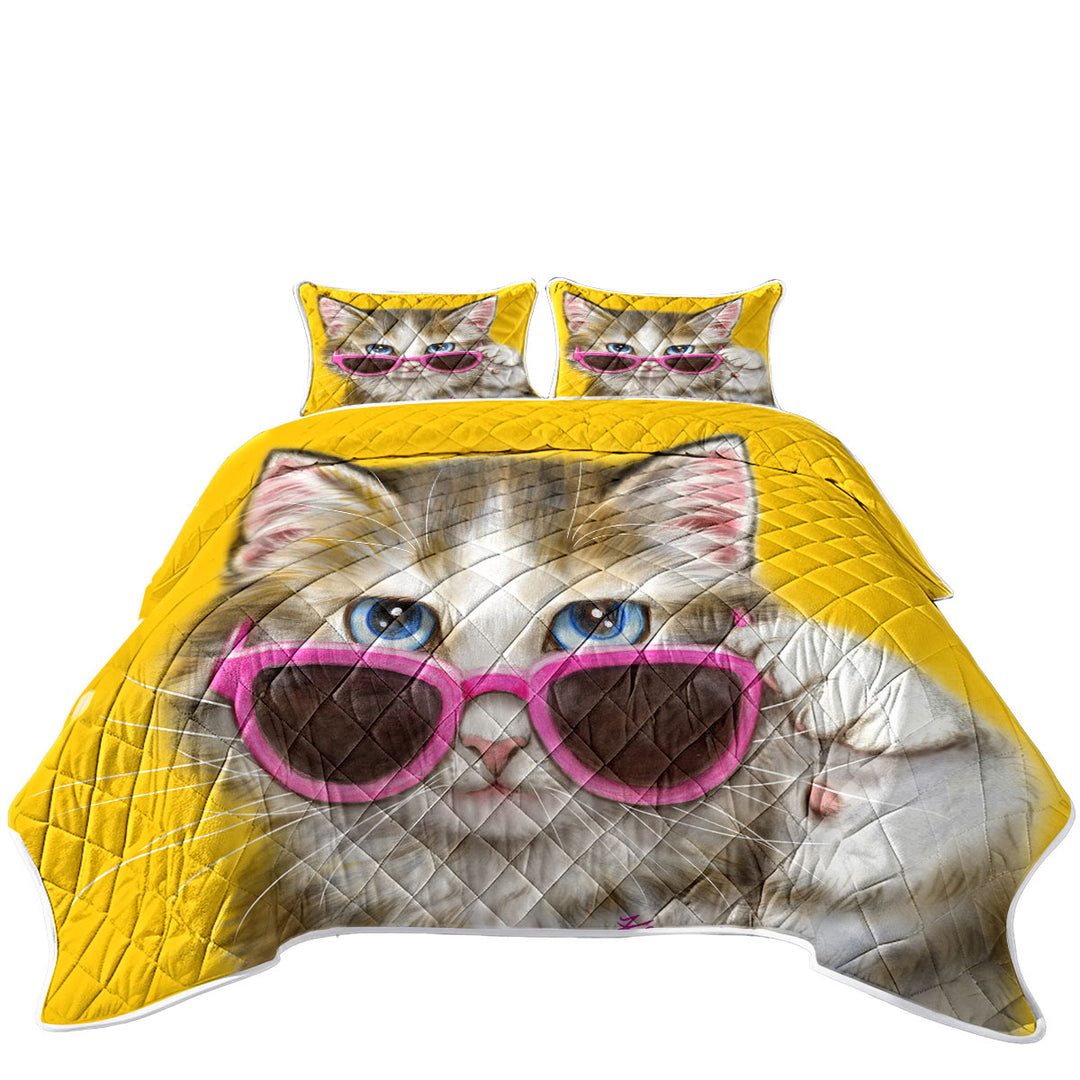 Cool Cat Art Girly Kitten Wearing Pink Sunglass Quilt