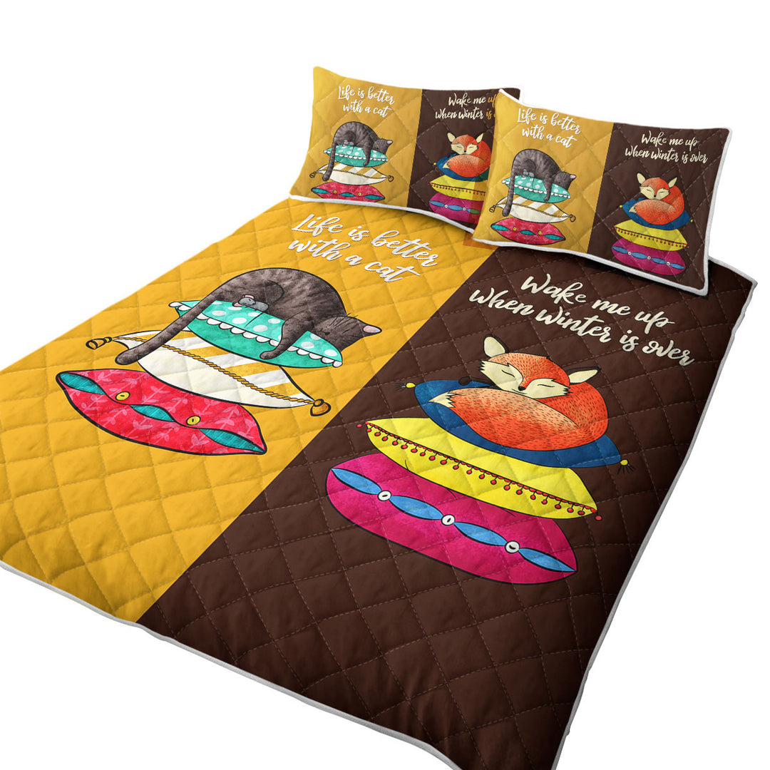 Cool Cat and Fox Funny Quote King Size Quilt