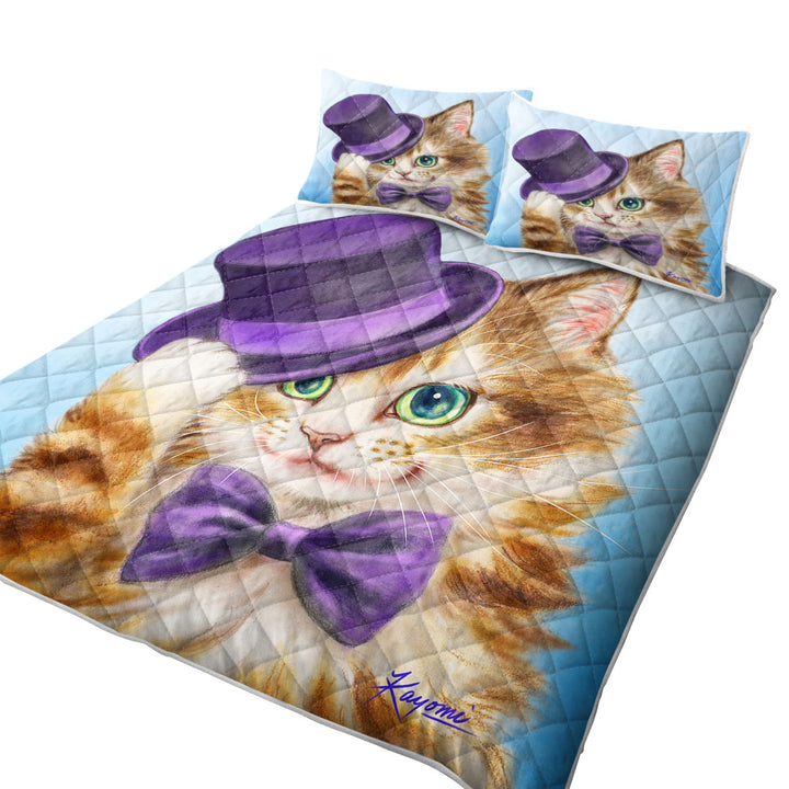 Cool Cats Art the Purple Top Hat and Bow Tie Kitty Coverlet