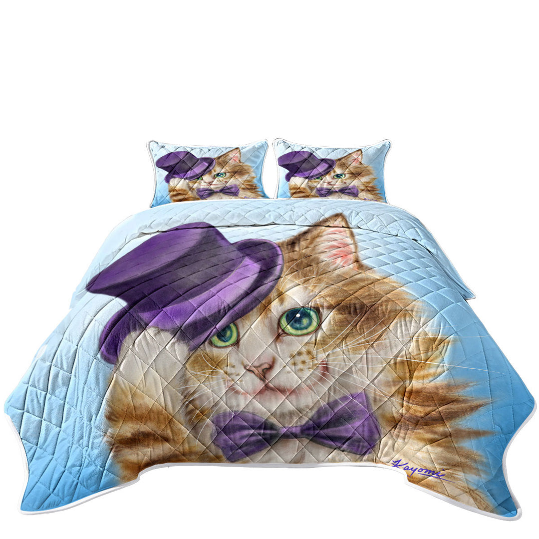 Cool Cats Art the Purple Top Hat and Bow Tie Kitty Coverlets