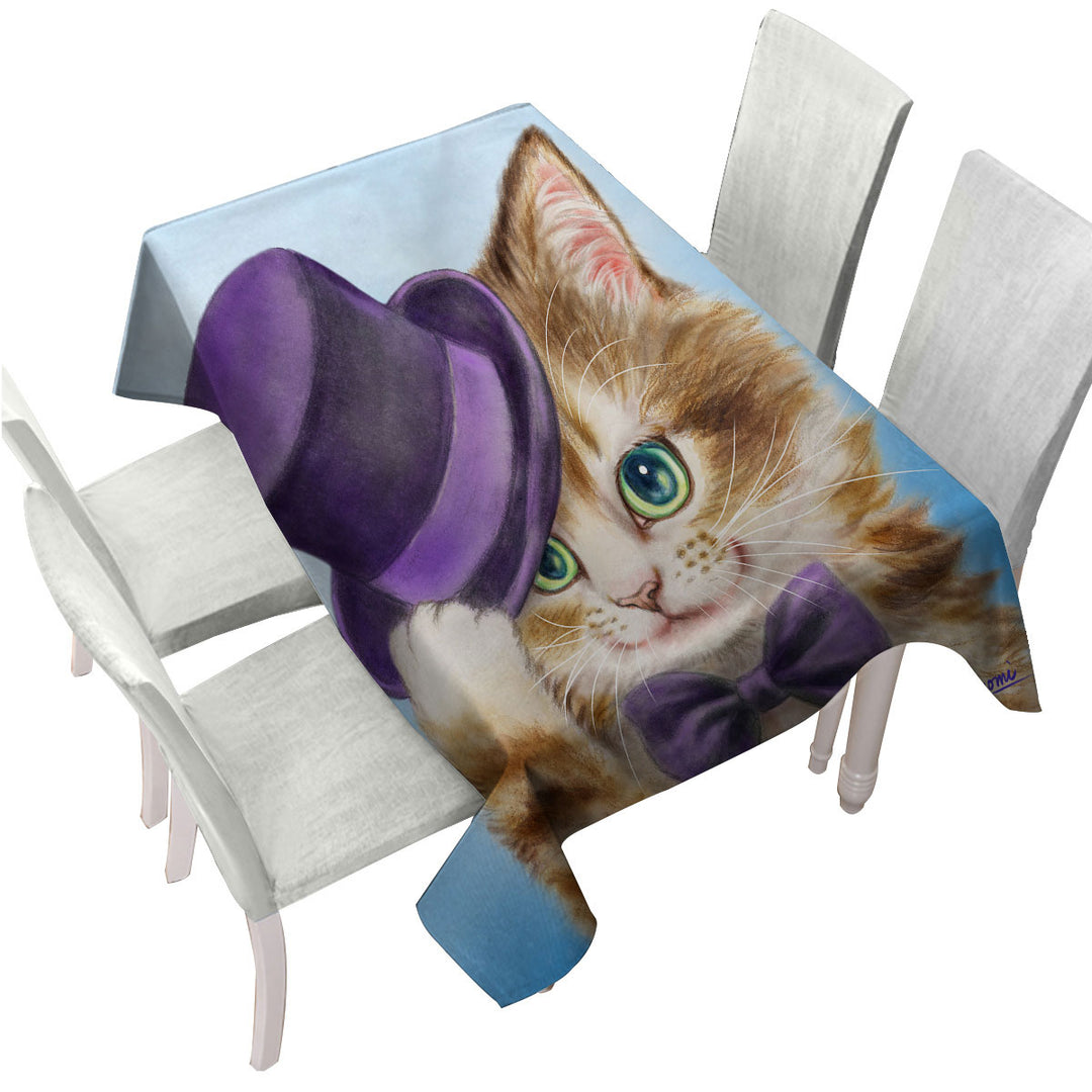 Cool Cats Art the Purple Top Hat and Bow Tie Kitty Tablecloth