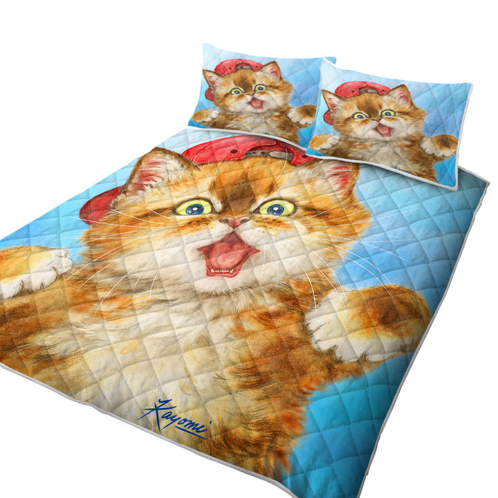 Cool Cats Boy Ginger Kitten Wearing a Cap Hat California King Quilt Sets
