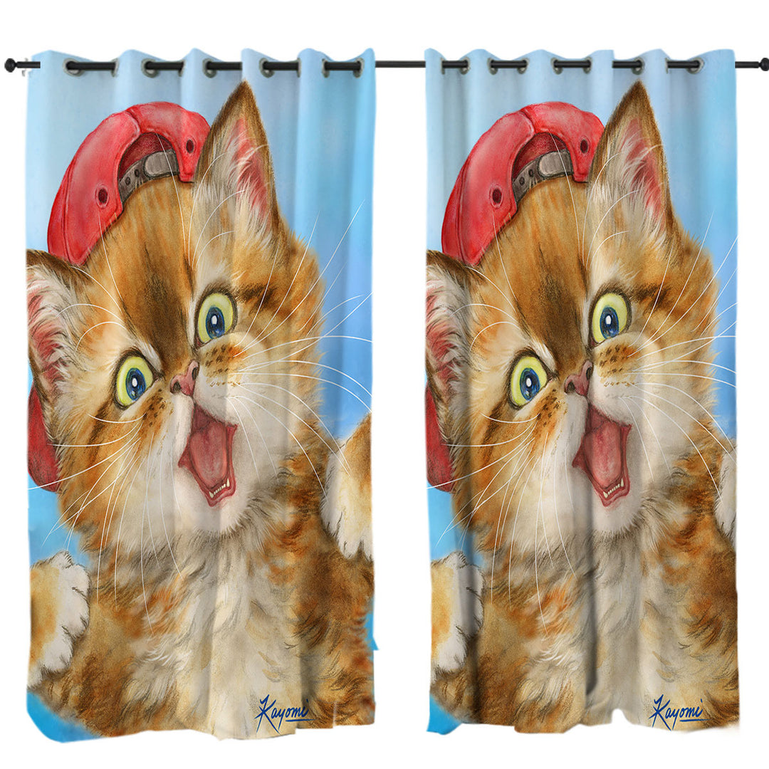 Cool Cats Boy Ginger Kitten Wearing a Cap Hat Curtain