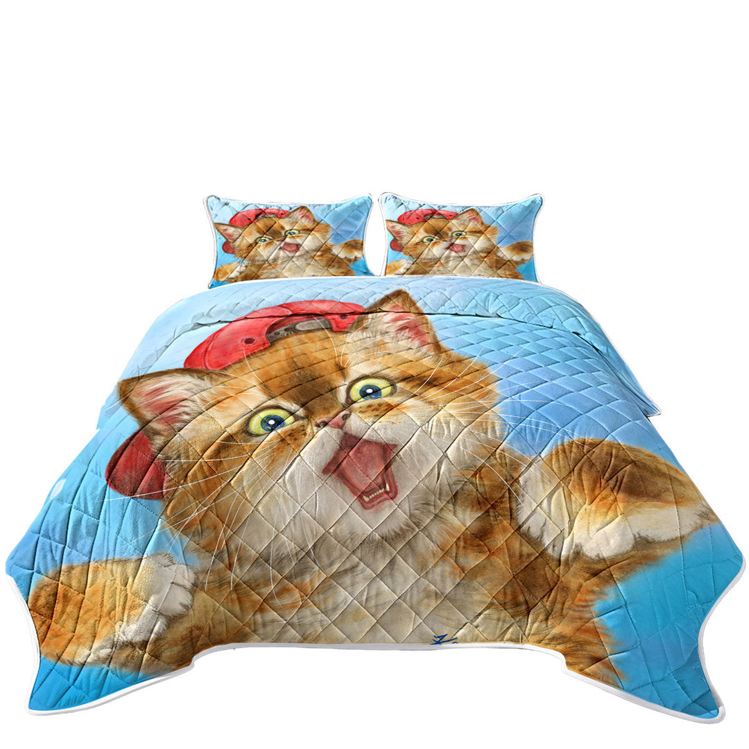 Cool Cats Boy Ginger Kitten Wearing a Cap Hat Quilts