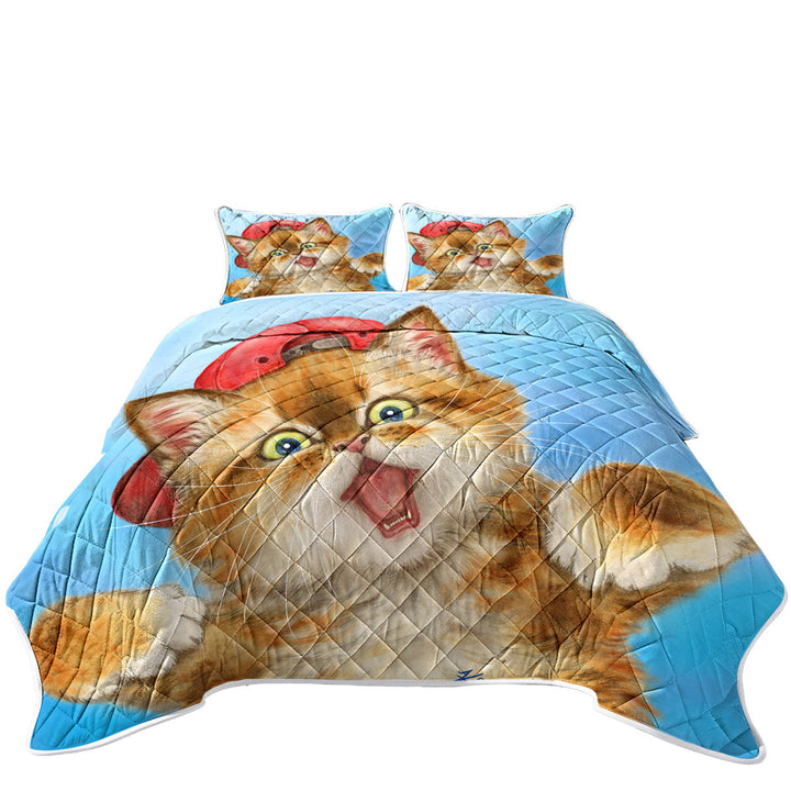 Cool Cats Boy Ginger Kitten Wearing a Cap Hat Quilts