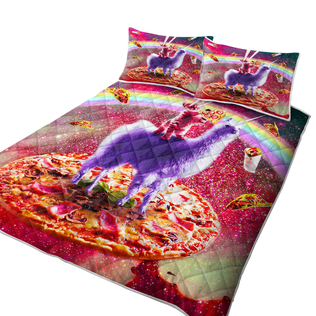 Cool Crazy Art Outer Space Cat Riding on Llama Unicorn Quilt
