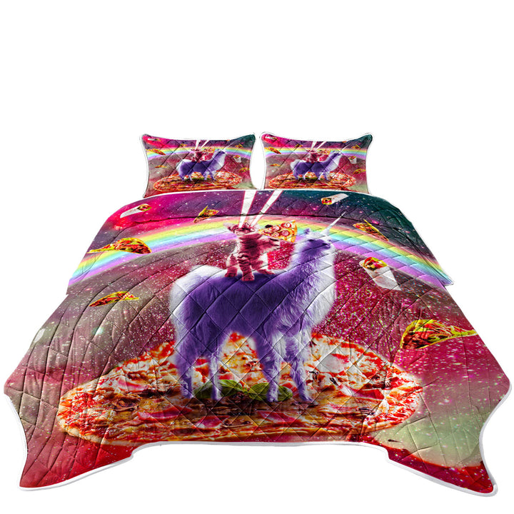 Cool Crazy Art Outer Space Cat Riding on Llama Unicorn Twin Quilt