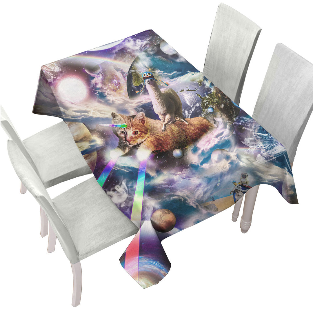 Cool Crazy Space Llama Riding Rainbow Laser Cat Unicorn Tablecloths