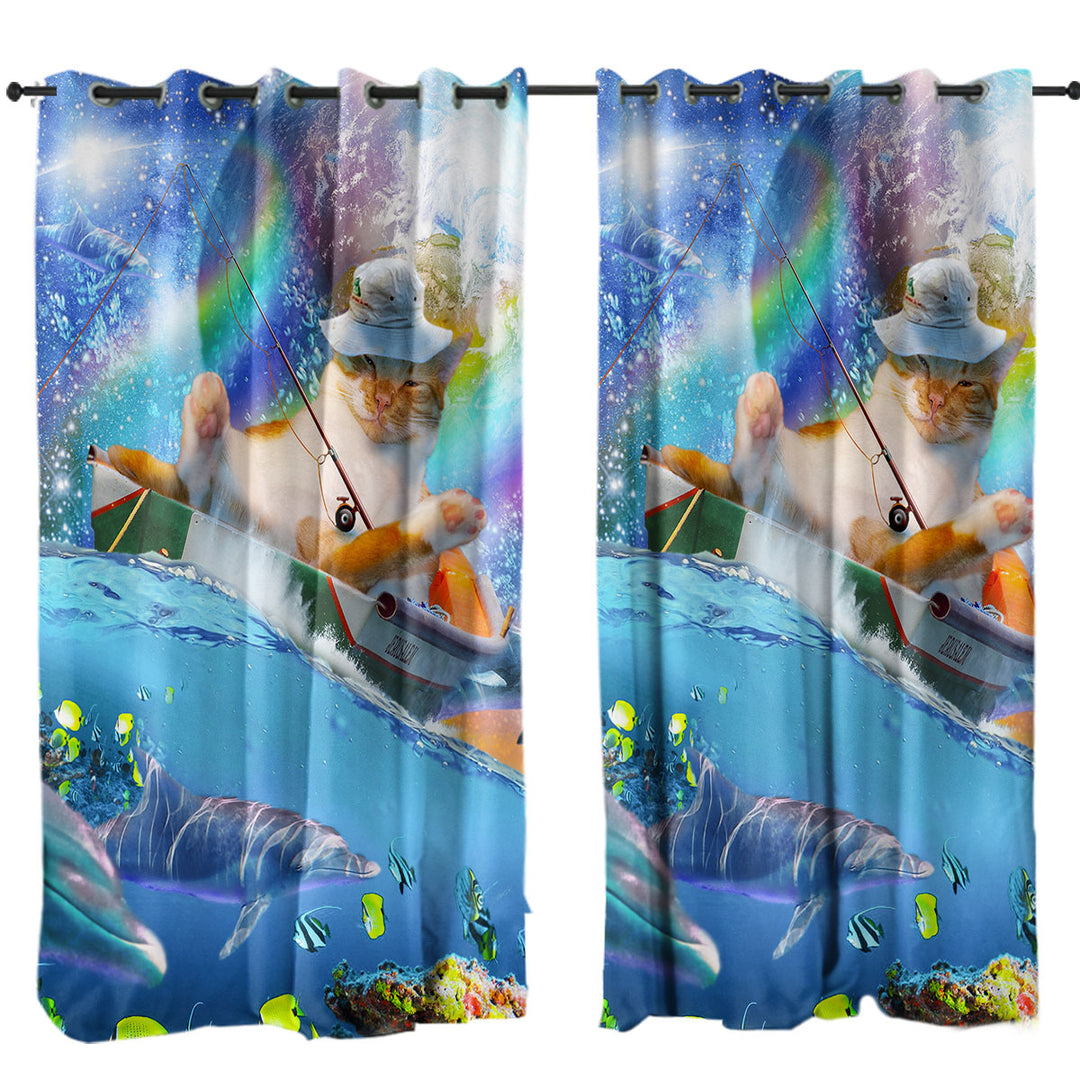 Cool Cute and Funny Space Cat Ocean Fishing Drapes and Curtains