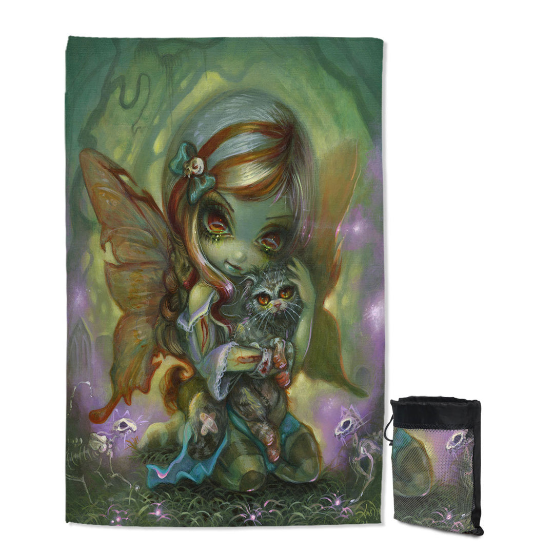 Cool Dark Art Beach Towels My Zombie Kitty Dead Fairy and Cat